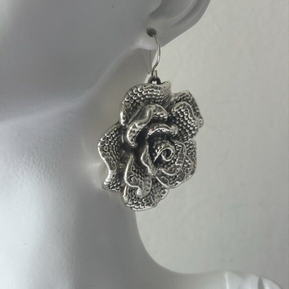 E&L Sterling Silver Rose Flower Electroform Earrings Israel 2 3/8" - Picture 9 of 11